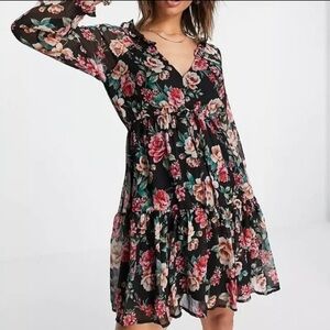 NWT American Eagle Pink and Black Floral Long Sleeve Mini Dress Size S